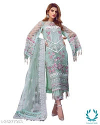 Classy Modern Women Gowns - Free Size, Sea Green, Georgette, EMbroidered, Pack of:1